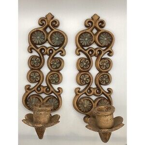 Vintage Syroco Brown Taper Candle Wall  Sconces Candle Holders